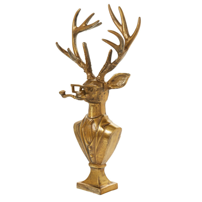Antique gold bronzed aluminum deer bust wearing glasses and a suit, 22.75 inches tall.