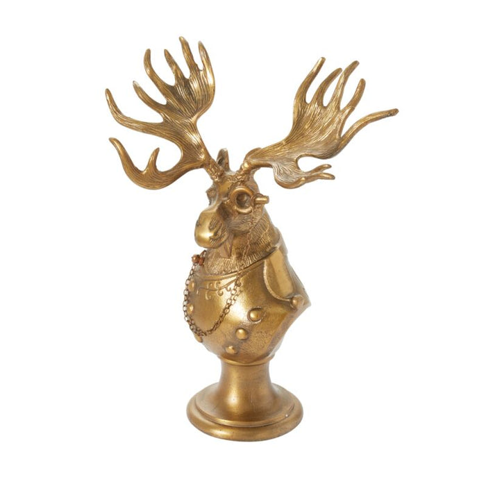 Antique gold bronzed aluminum moose bust statue with monocle and decorative chain detail on a pedestal base.