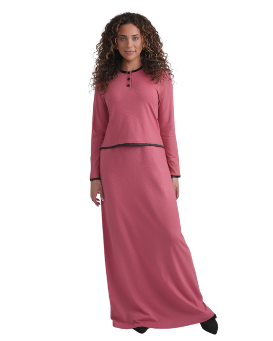 Ellwi 1301 Pink with Black Matte Satin Trim Cotton Nursing Nightgown Myselflingerie.com