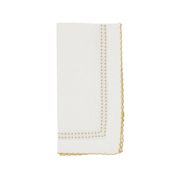White 18-inch cotton napkin featuring a delicate gold embroidered border and decorative whip-stitched scalloped edges.