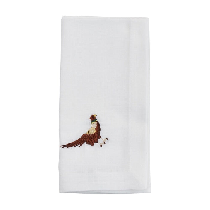 White 20-inch cotton napkin featuring a detailed hand-embroidered pheasant design and classic hemstitch border.