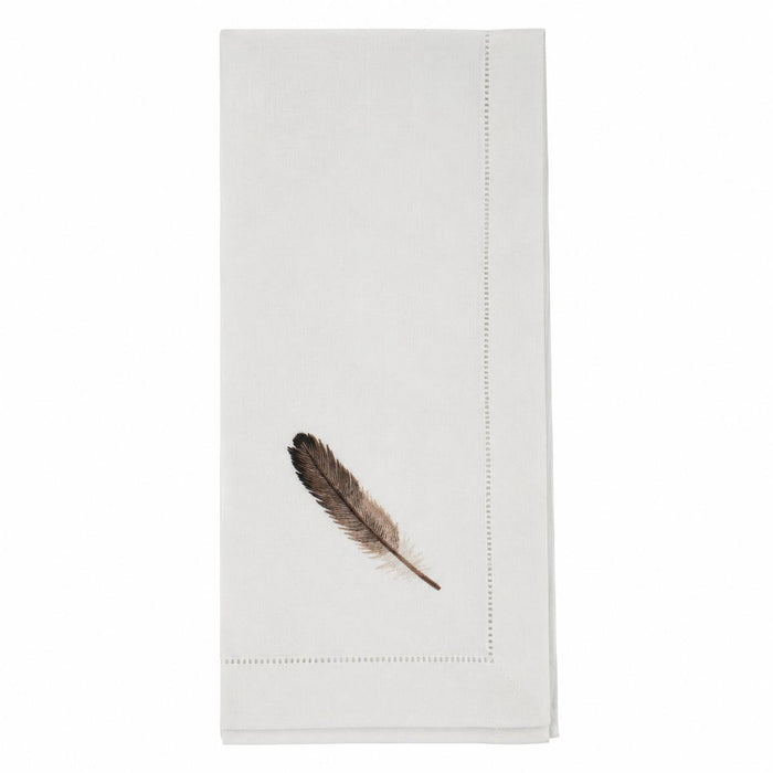 White 20-inch cotton napkin with delicate feather embroidery and elegant hemstitch border detail.