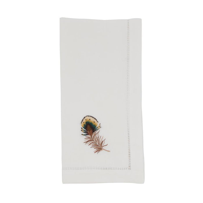 White 20-inch cotton napkin featuring a delicate hand-embroidered peacock feather and elegant hemstitch border.