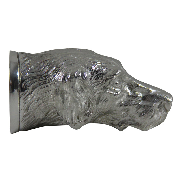 Antique-style English pewter jigger featuring a detailed hound head design with a polished silver finish.