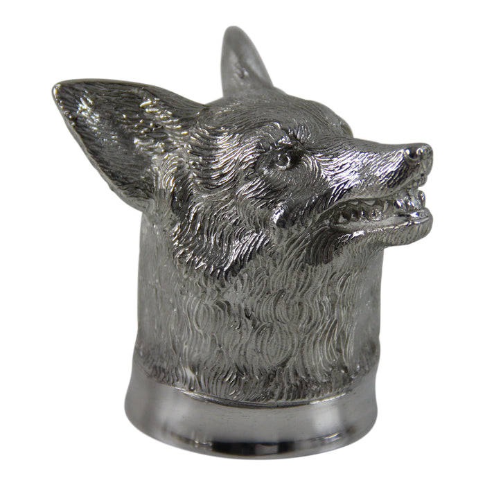 Antique-style English pewter jigger featuring a detailed fox head design with a polished silver finish.