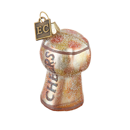 2.25-inch glass champagne cork Christmas ornament with glittery gold finish and Cheers text.