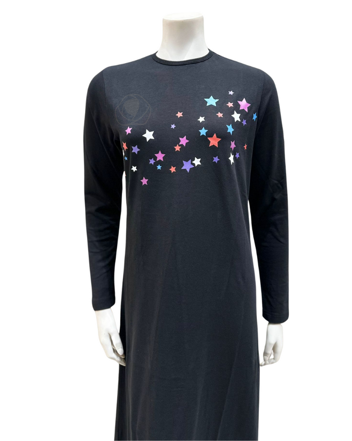 ESPi AK735 Stars Screen Print Black Pull On Cotton Teen Nightgown myselflingerie.com