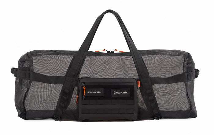 Waihana Expedition Duffel in black mesh with orange zipper pulls, reinforced nylon webbing straps, and a front MOLLE-style zippered pocket displaying the Waihana logo, shown on a white studio background.