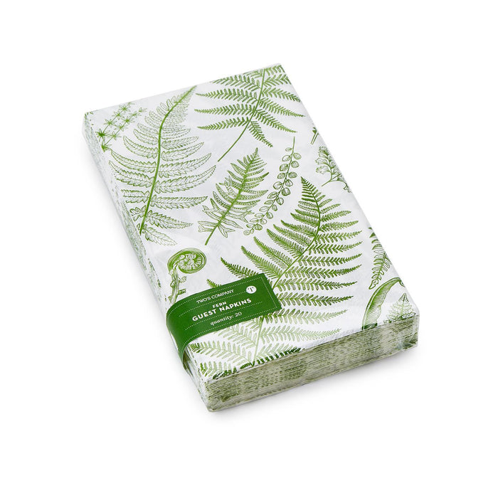 Pack of 20 premium 3-ply paper guest napkins featuring a delicate green fern botanical print on a white background.