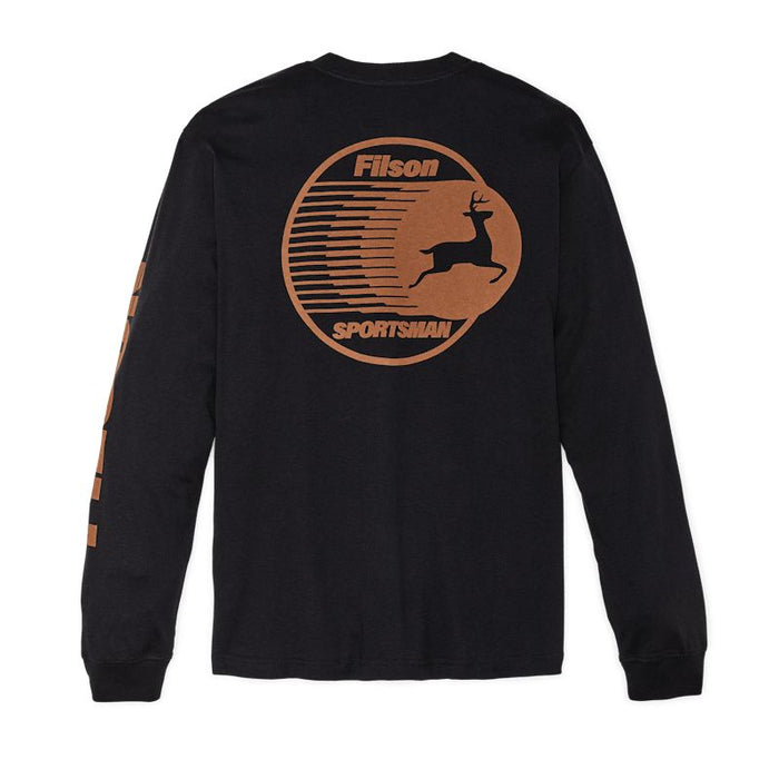 Black long-sleeve cotton jersey t-shirt featuring a circular Filson Sportsman deer graphic on the back.