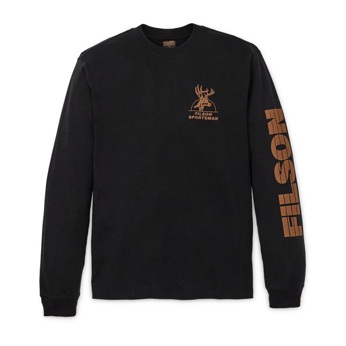 Black Filson long-sleeve cotton jersey t-shirt with a brown deer graphic on the chest and Filson lettering on the sleeve.