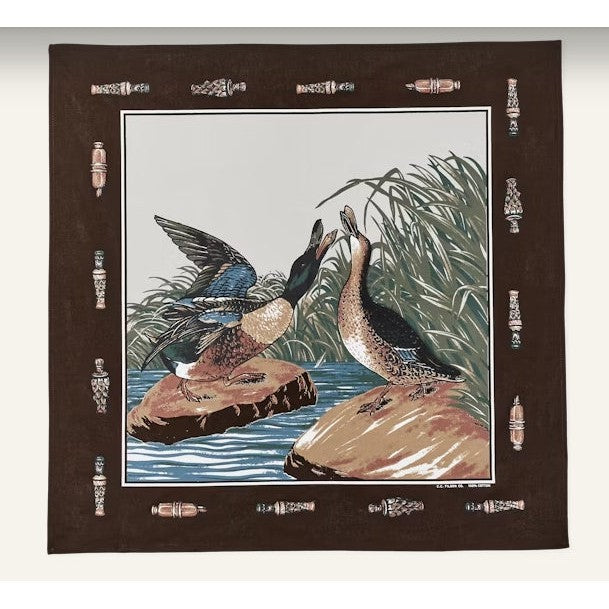 Brown 100% cotton Filson bandana featuring a screen-printed mallard duck scene with a decorative border of fishing lures.