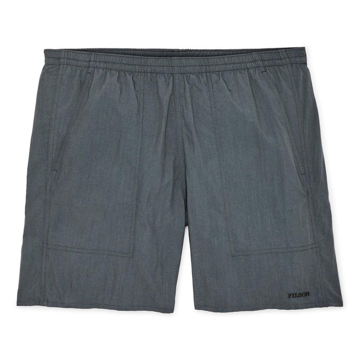 Charcoal grey Filson Oxbow Lake trunks in lightweight ripstop nylon with an elastic waistband and front slash pockets.