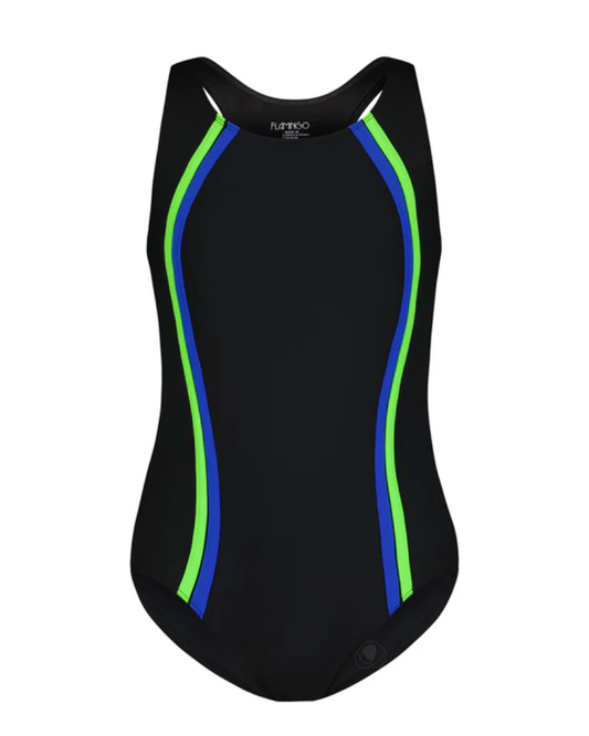 Flamingo 22FL031 Neon/Royal Vertical Stripe Black Bathing Suit myselflingerie.com