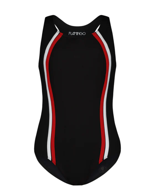 Flamingo 22FL031 Red/White Vertical Stripe Black Bathing Suit myselflingerie.com