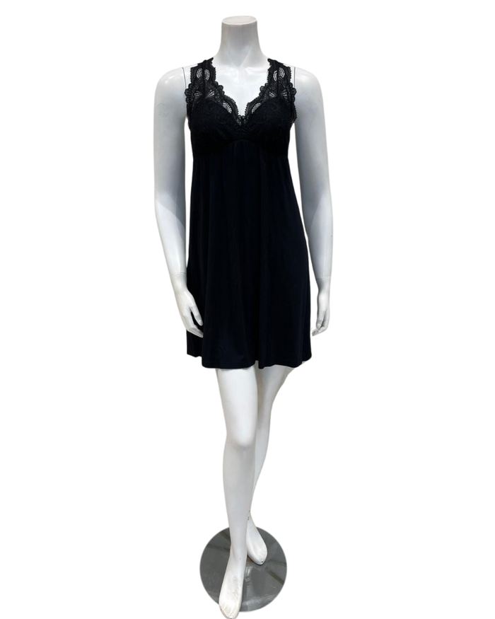 Fleur't 630F Black Lace Full Cup T-Back Short Modal Chemise Myselflingerie.com