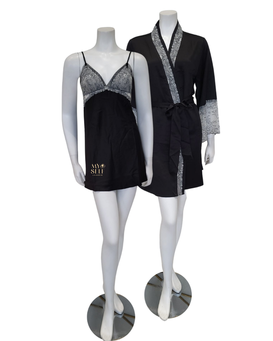 Flora Nikrooz Q81370 + Q81371 Black Angelique Chemise & Wrap Set myselflingerie.com