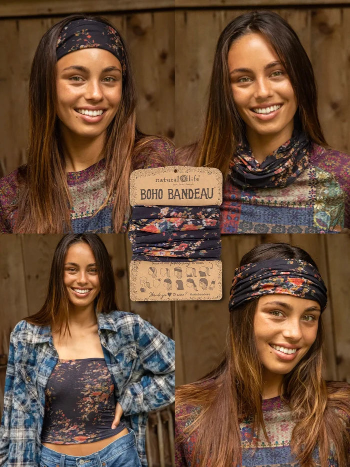 Full Boho Bandeau Headband - Black Red Bouquets-view 3