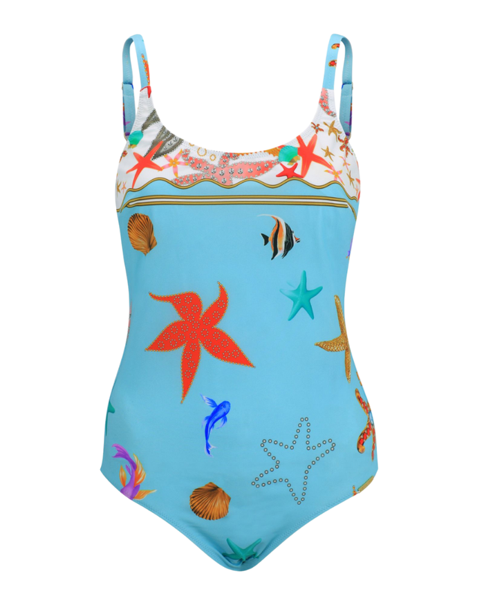 Furstenberg 516-38428 Sea Motifs Aqua Blue Underwire Swimsuit Myselflingerie.com