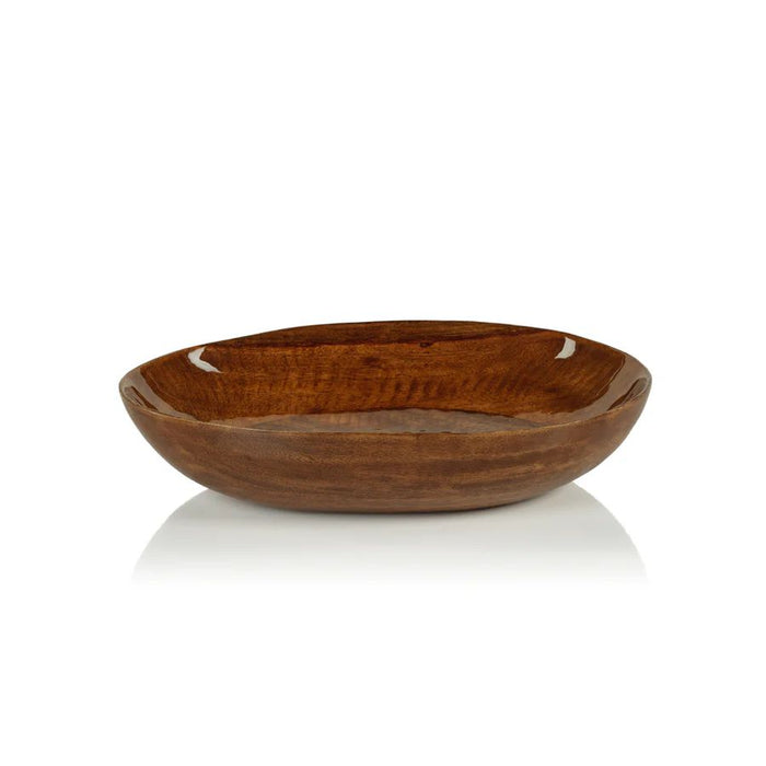 Oval mango wood bowl with a polished walnut enamel finish and natural wood grain texture on a white background.