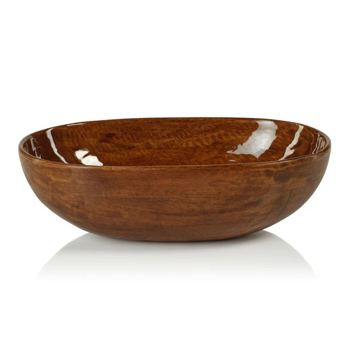 Oval mango wood bowl with a polished walnut enamel finish and natural wood grain texture on a white background.