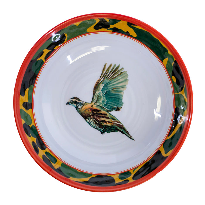 Melamine bowl featuring Kat McCall game bird artwork with a colorful camouflage rim and red border.