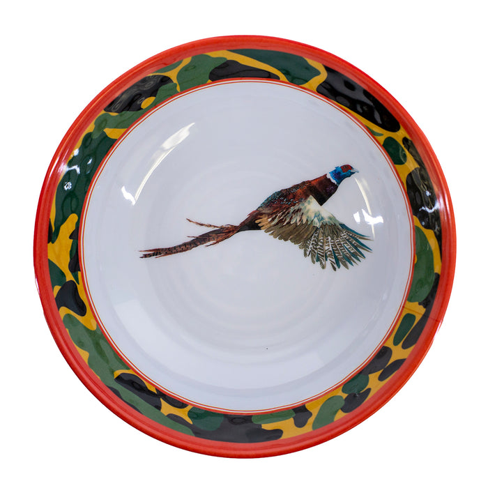 8-inch melamine bowl featuring a flying pheasant, colorful camo rim, and vibrant orange border.