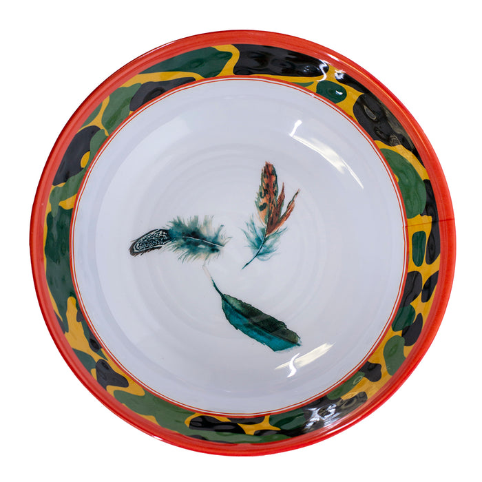 8-inch melamine bowl featuring Kat McCall feather artwork, a camo-patterned rim, and a vibrant red edge.
