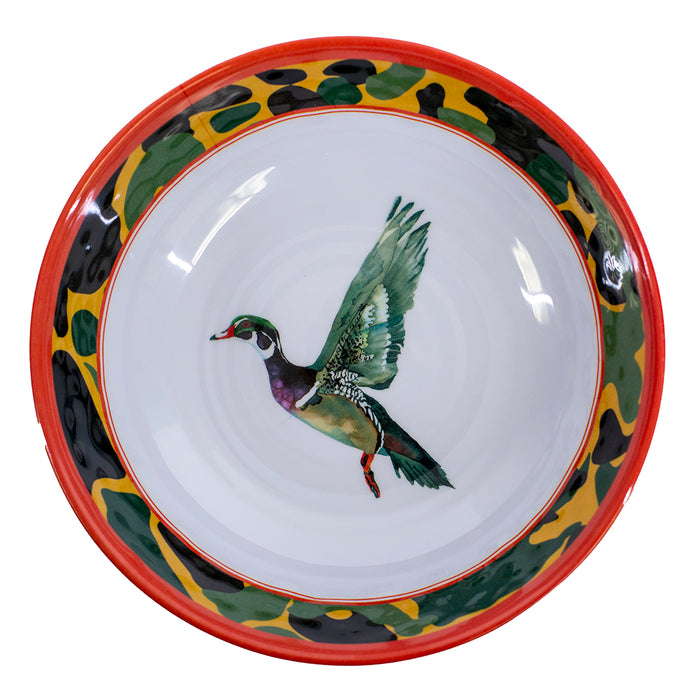 8-inch melamine bowl featuring a watercolor wood duck, vibrant orange rim, and a green and black camouflage border.