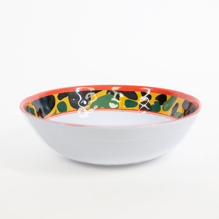 Eight-inch melamine bowl featuring Kat McCall game bird and feather artwork in vibrant green, yellow, and red patterns.