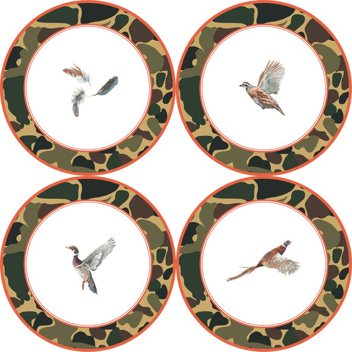 Set of four 8.5-inch melamine salad plates featuring Kat McCall game bird and feather artwork with camo borders.