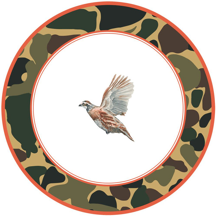 8.5-inch melamine salad plate featuring Kat McCall game bird art, a white center, and a camouflage border with orange trim.
