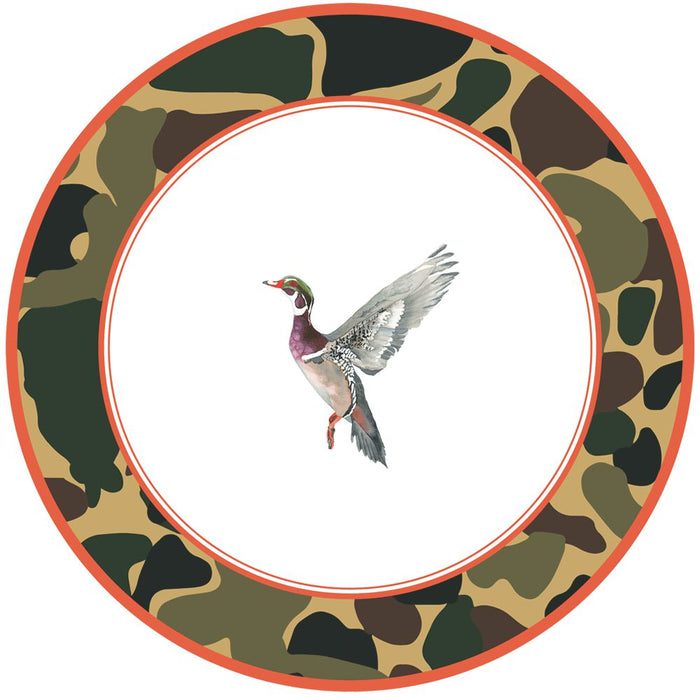 8.5-inch melamine salad plate featuring a Kat McCall wood duck illustration with a rustic camouflage border and orange trim.