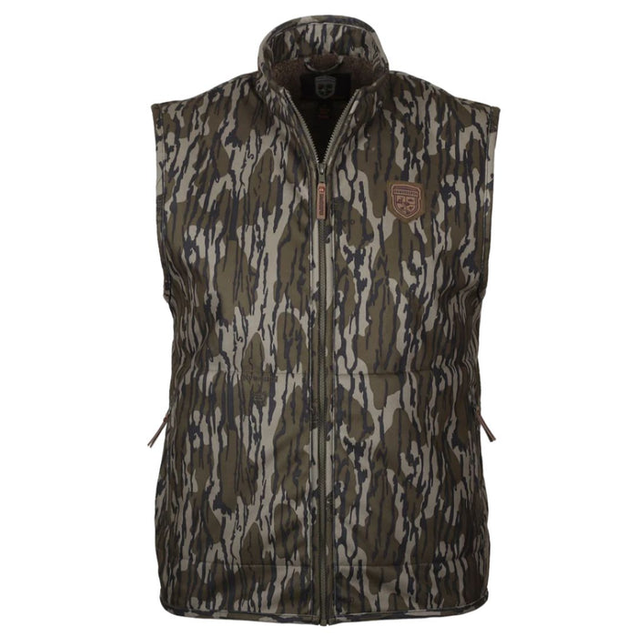 Gamekeeper Hitch Hunter camo vest with a stand-up collar, full-zip front, and a branded logo patch on the chest.