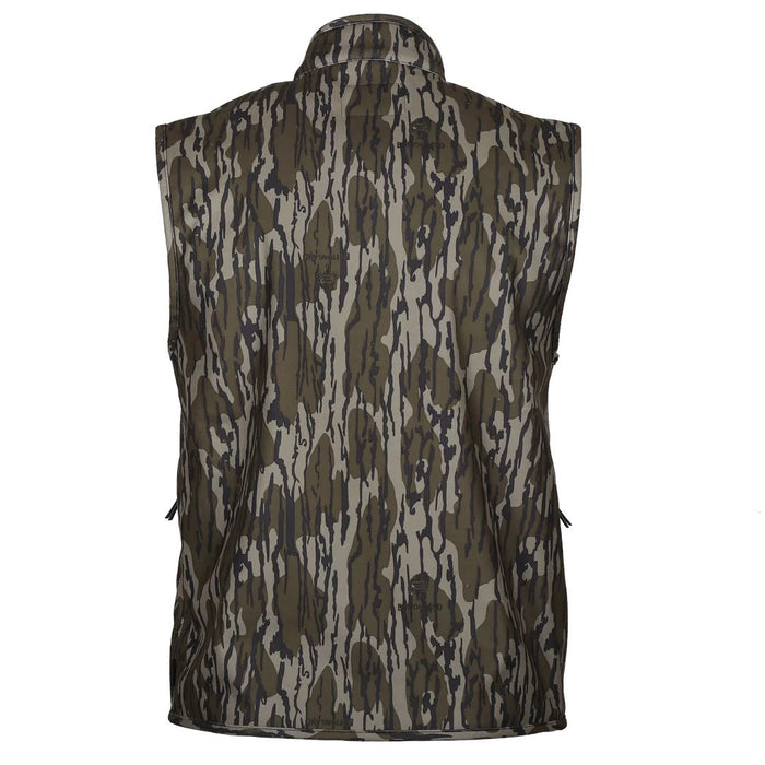 Back view of a Gamekeeper Hitch Hunter vest in camouflage HyperHide fabric with a stand-up collar.