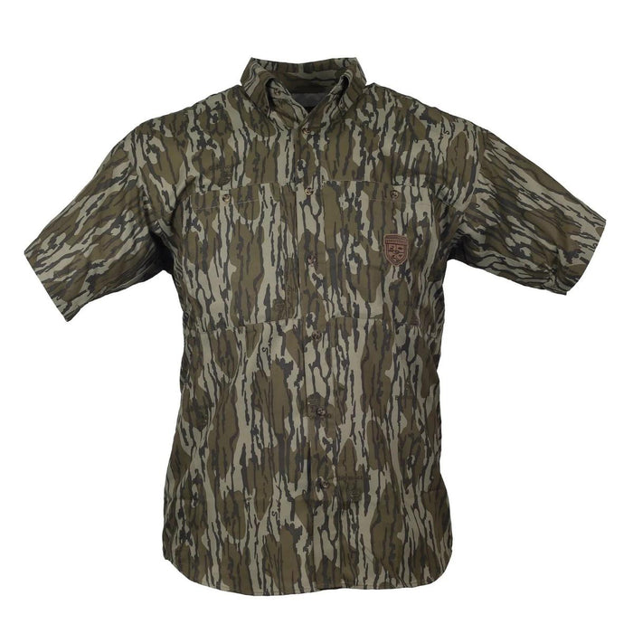 GameKeeper NTN short sleeve performance shirt in camouflage ripstop fabric with button-down collar and front pockets.