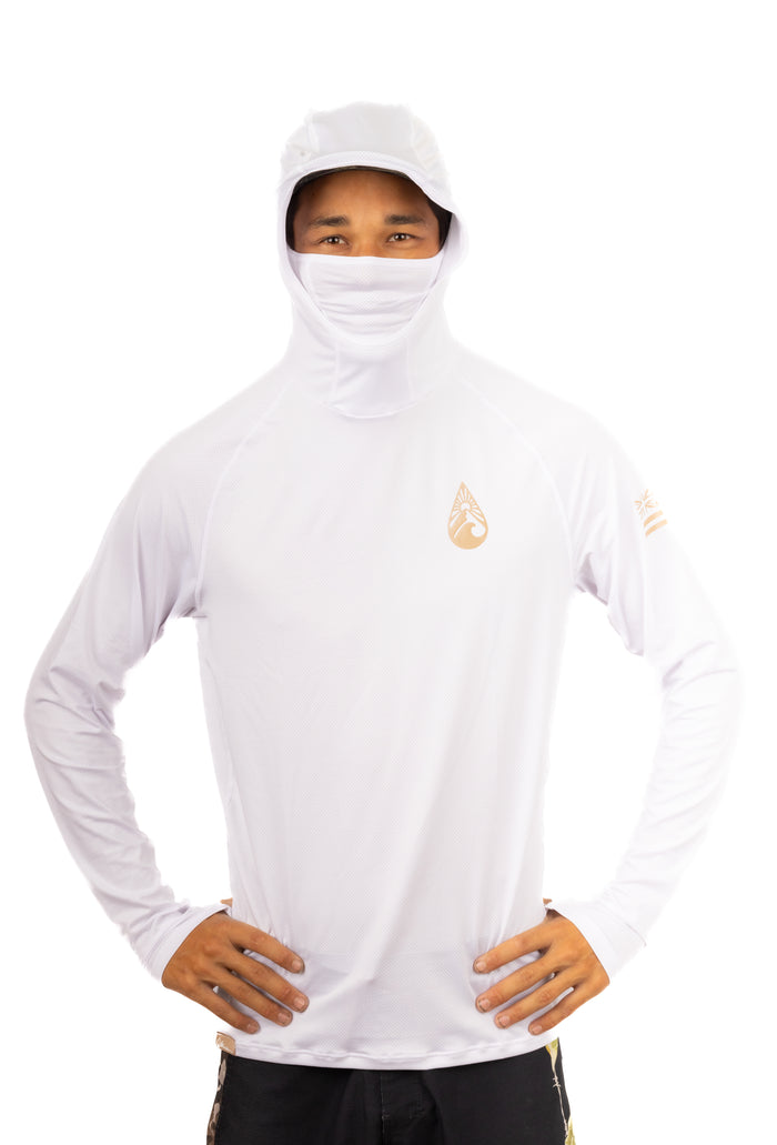 Male model wearing the Waihana Ghost Sun Shirt in white, featuring a built-in hood and face mask, gold brand logo on the chest, and Hawaiian flag sleeve graphic, shown against a white studio background.
