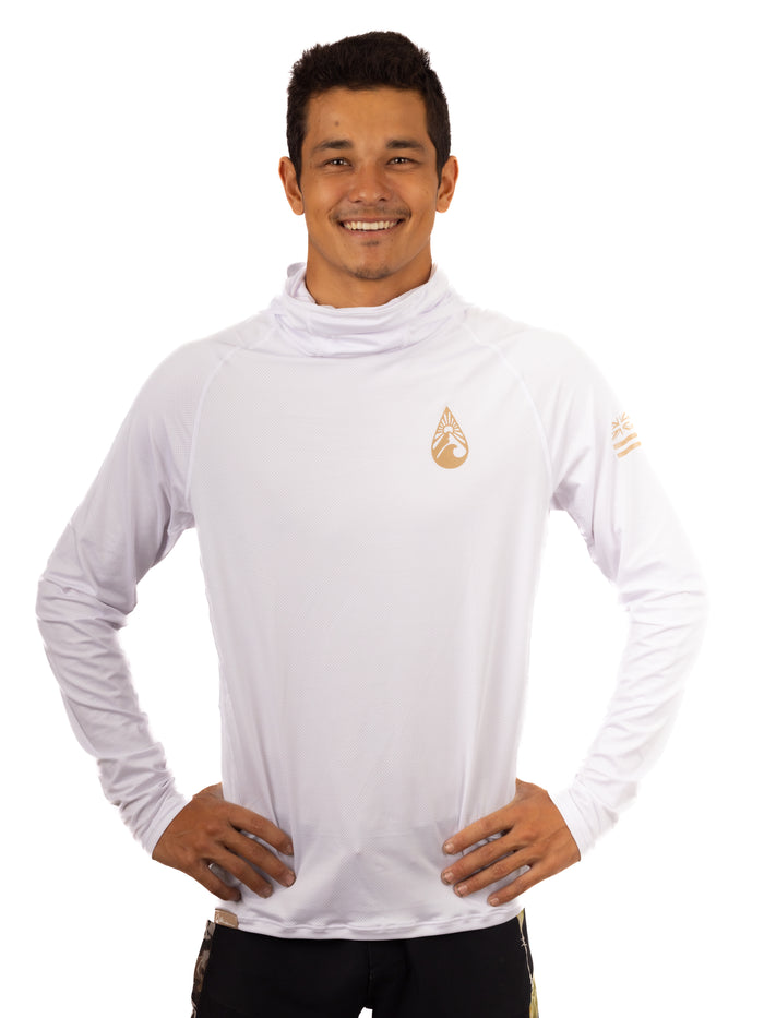 Male model wearing the Waihana Ghost Sun Shirt in white with gold brand logo on the chest and a built-in neck gaiter, shown from the front against a white background.