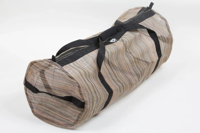Gili Gear Freedive XL mesh gear bag in multicolor woven stripe pattern with black carry handles and zipper, shown on a white studio background.