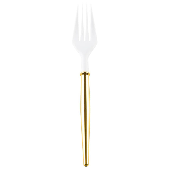 Sophistiplate Bella cocktail fork with a white plastic head and a sleek, metallic gold handle for elegant entertaining.
