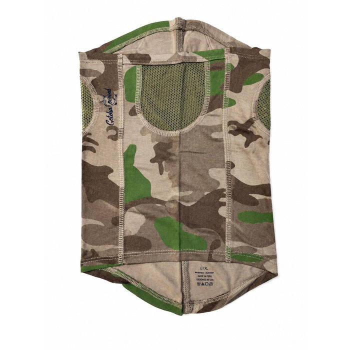 Camo bamboo neck gaiter with green mesh ventilation panels and Gotcha Covered logo on a white background.