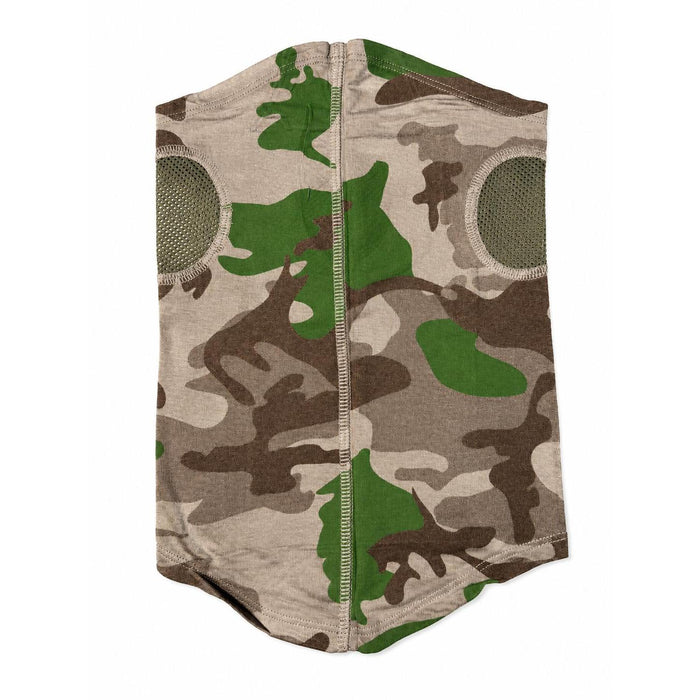 Camo bamboo and mesh neck gaiter with green, brown, and tan pattern and breathable side ventilation panels.