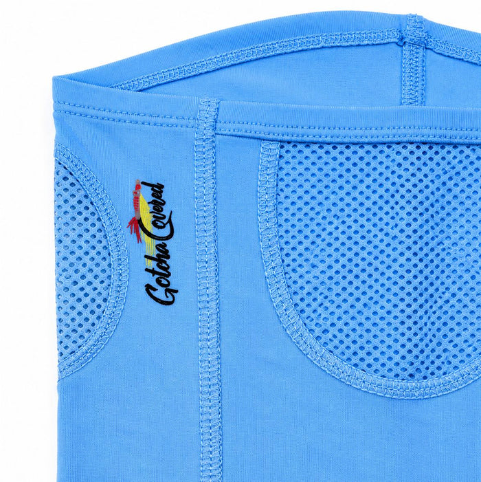 Light blue Gotcha Covered neck gaiter featuring breathable mesh panels and a signature logo on soft bamboo fabric.
