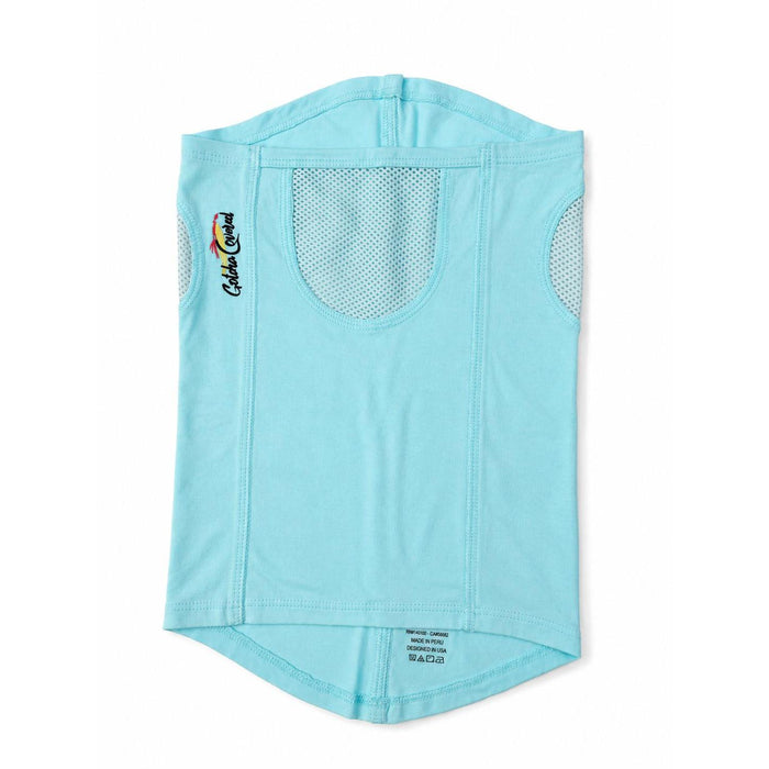 Light blue Gotcha Covered bamboo neck gaiter with breathable mesh ventilation panels and logo branding.