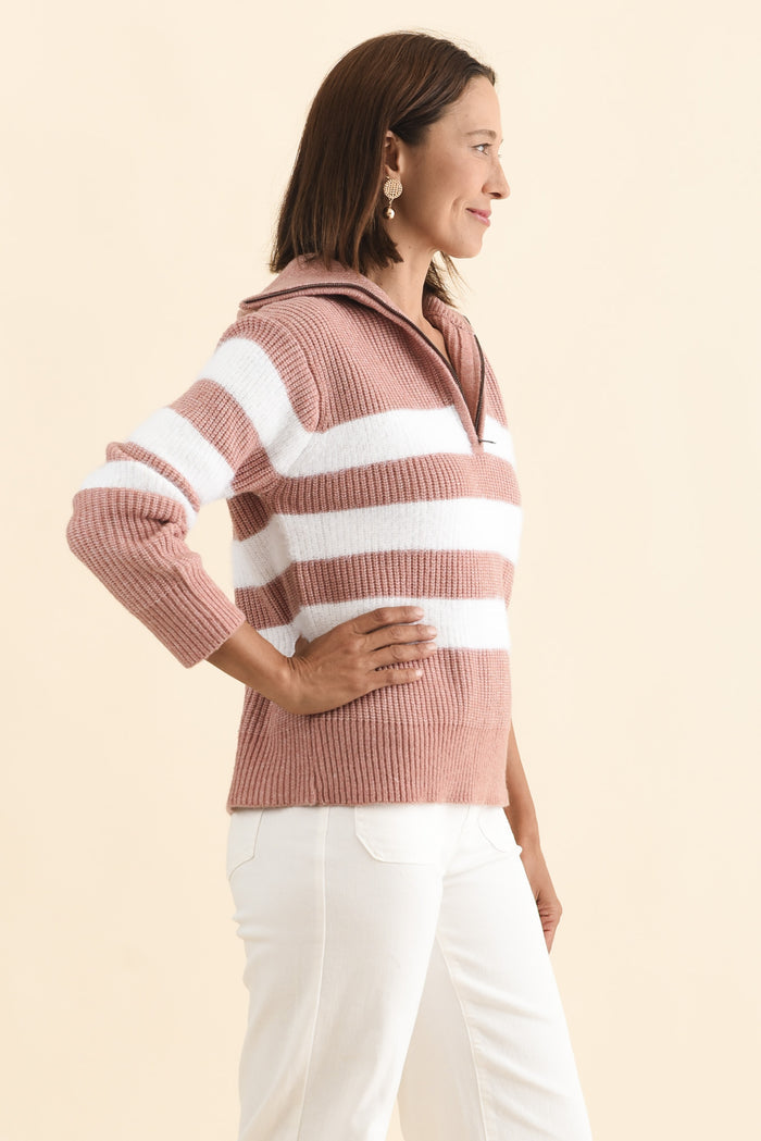 Gracie Pink Stripe Half Zip Knit Jumper,Brunette model,alt text|model:Cara