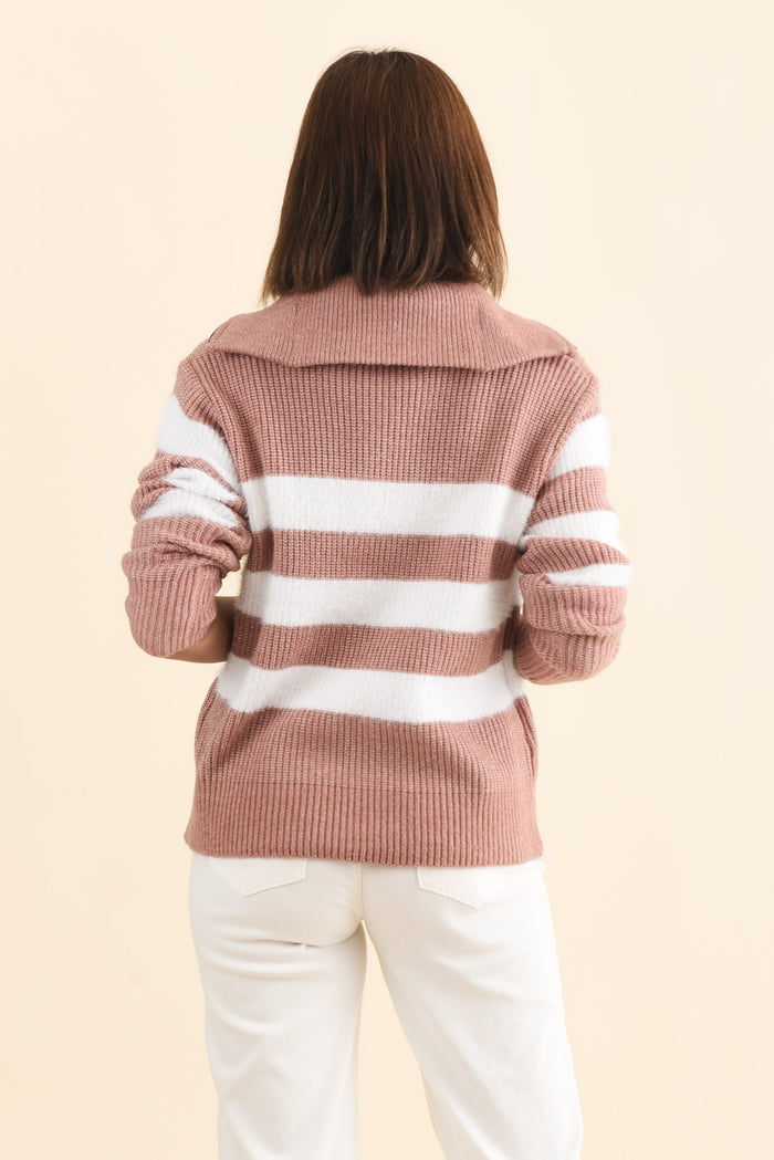 Gracie Pink Stripe Half Zip Knit Jumper,Brunette model,alt text|model:Cara
