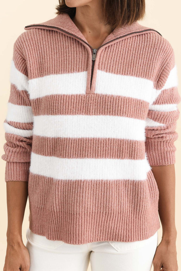 Gracie Pink Stripe Half Zip Knit Jumper,Brunette model,alt text|model:Cara