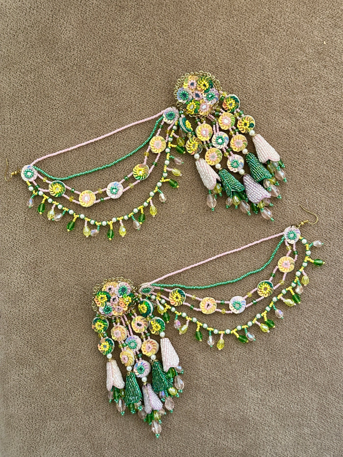 Green & Pastel Floral Beaded Earrings with Sahare