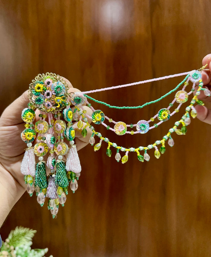 Green & Pastel Floral Beaded Earrings with Sahare