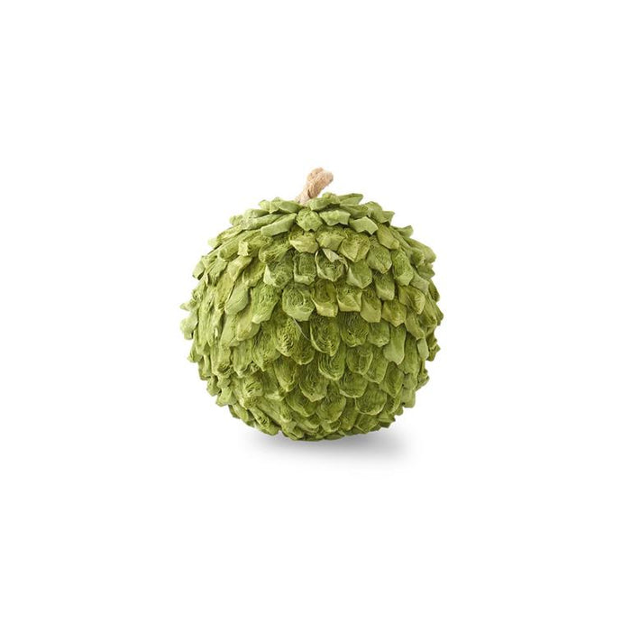 Green paper petal leaf ball ornament with a textured, nature-inspired design and a small hanging loop on a white background.
